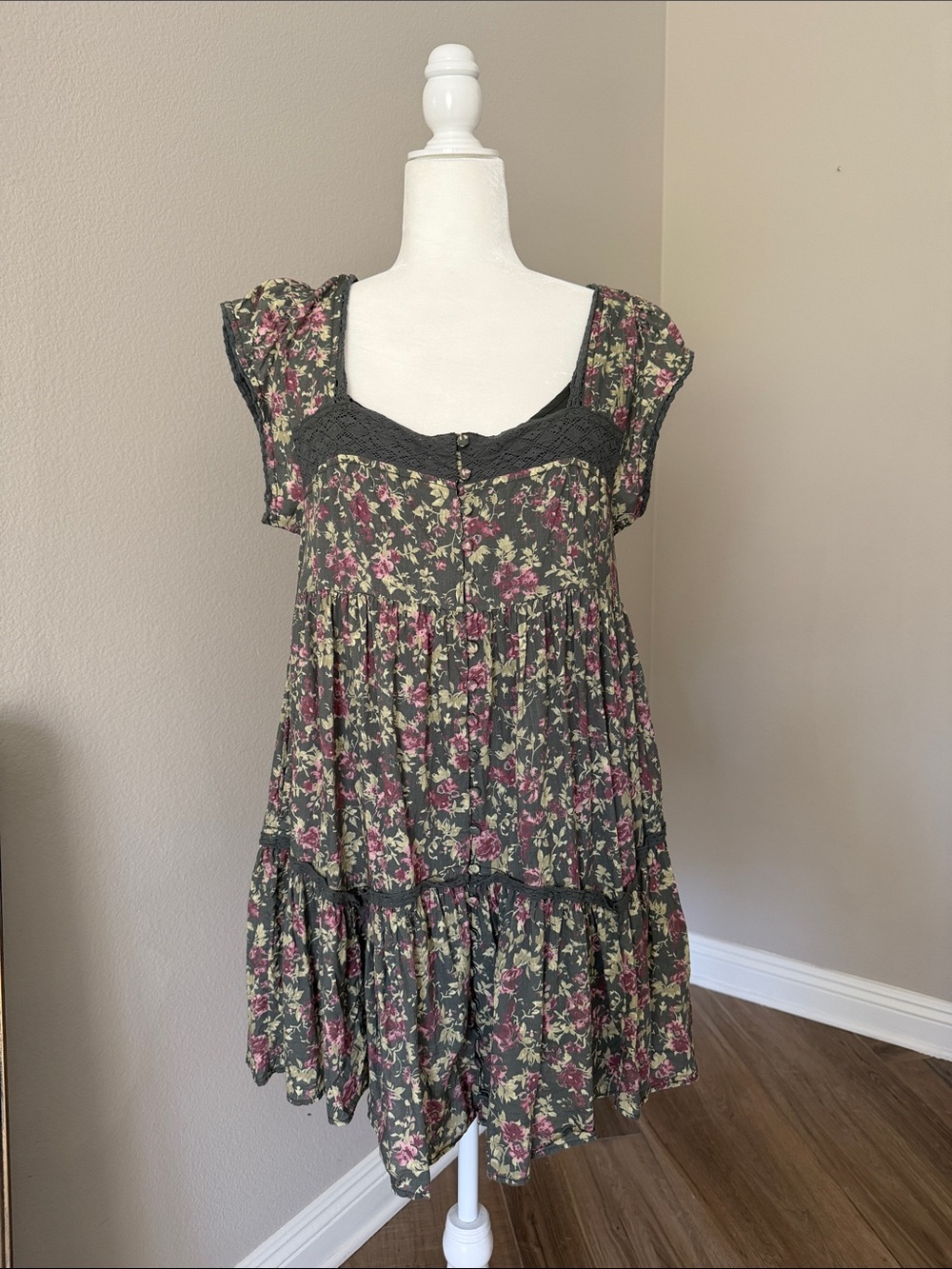 Floral Babydoll Dress in Olive Green and Dusty Rose